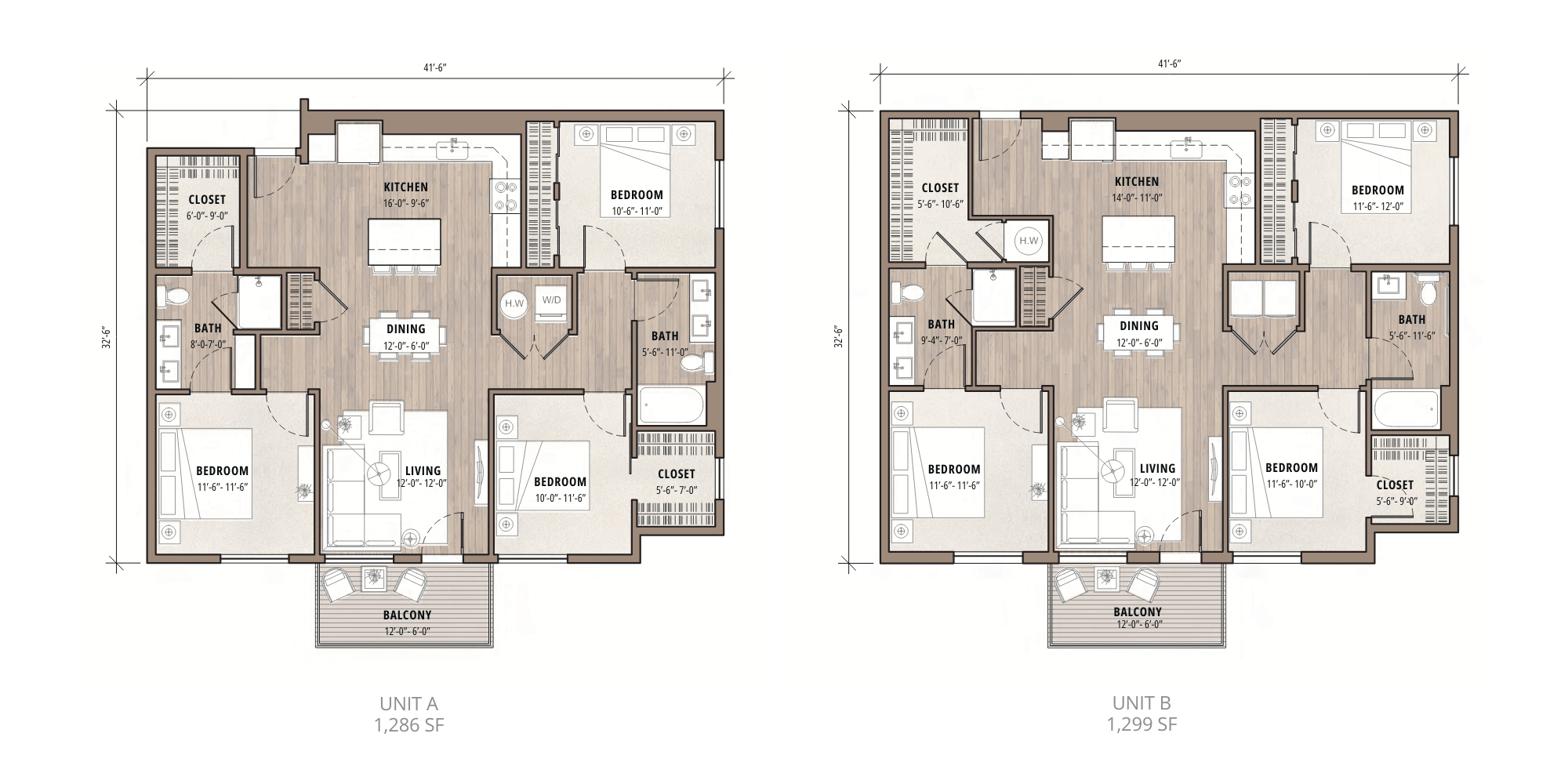 Floor plan for 3 beds, 2 baths, 1286 sqft